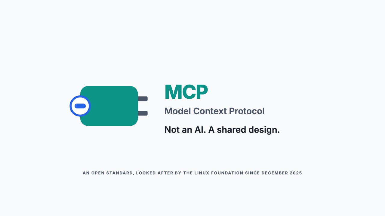 A frame from the video: a teal travel adaptor next to the words 'MCP, Model Context Protocol. Not an AI. A shared design.'