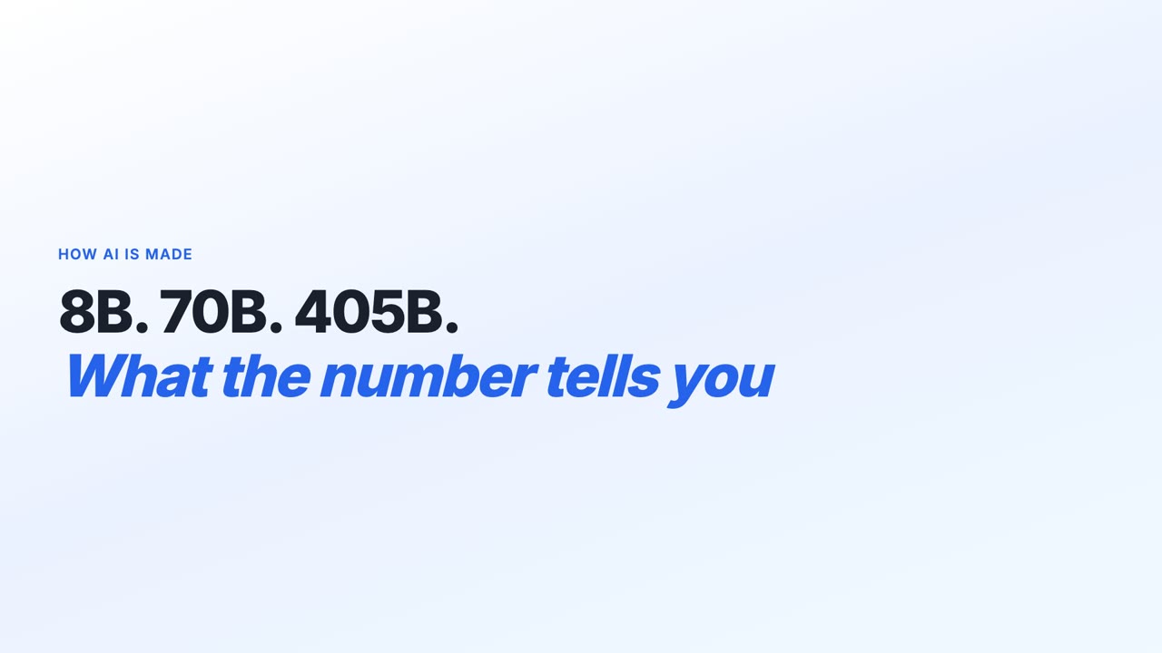 The video's title card: the label How AI is made above the headline 8B. 70B. 405B. and, in blue, What the number tells you.