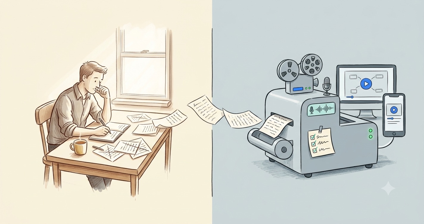 Illustration: on the left, a man writes a script by hand at a desk by a window, surrounded by crossed-out drafts. The pages drift across to the right, where a machine with a film reel, a microphone and a ticked checklist turns them into videos on a desktop screen and a phone.