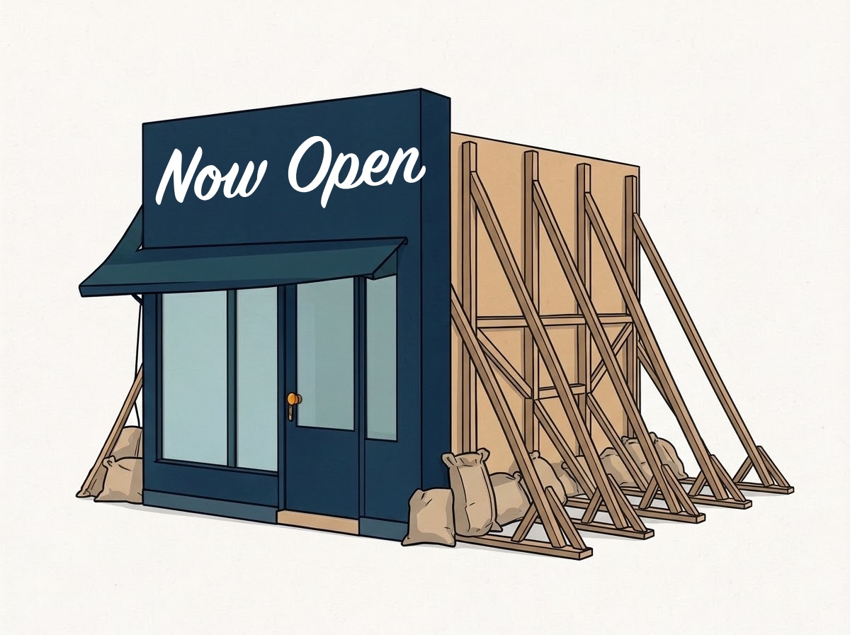 Illustration: a navy shopfront with a Now Open sign, seen from the side. Behind the painted front is bare plywood, held up by wooden struts and sandbags like a film set.